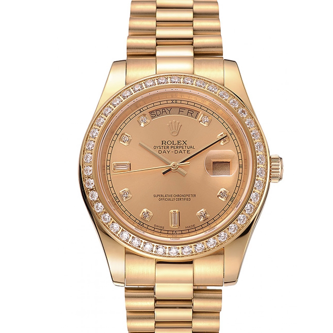 Aaa replica watch Diamond 1454099 Day-Date Rolex Dial Gold Swiss Bezel Bracelet Champagne 0614